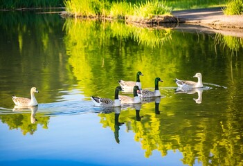 A group of geese floating on top of a lake.