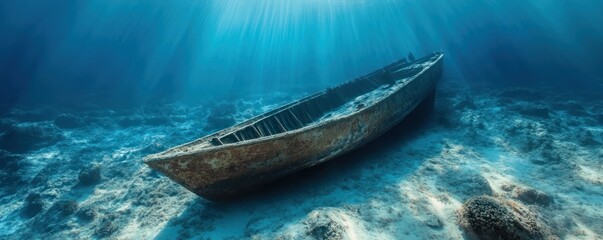 Obraz premium Sunbeams illuminate sunken boat on ocean floor; underwater shipwreck scene