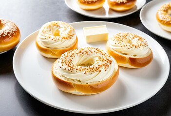 Fototapeta premium A group of bagels sitting on top of a white cutting board.