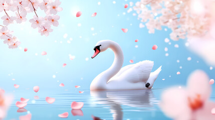Elegant Swan in a Spring Blossom Garden