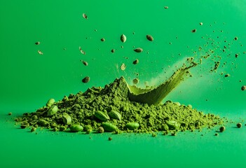 A green bowl of matcha powder being poured into it.