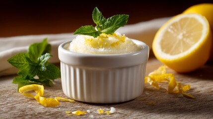 A delicious lemon sorbet is presented in a ramekin and decorated with mint and lemon zest.