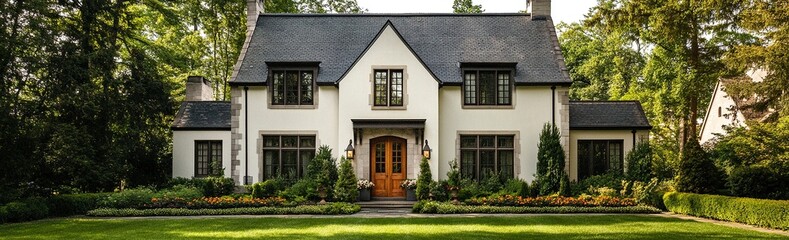 Beautiful two-story house with a garden in the historical center of the city of L, white walls and a black roof, gray windows, a wooden front door, modern architecture,generative ai