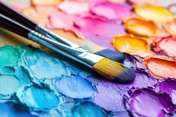 Fototapeta premium Two paintbrushes rest on a vibrant palette of multicolored oil paints, showcasing artistic tools and colors.