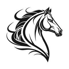 Beautiful Black Horse Head Vector Silhouette Illustration Cartoon, Clipart, Line Art Design on white background.