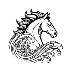 Beautiful Black Horse Head Vector Silhouette Illustration Cartoon, Clipart, Line Art Design on white background.