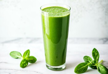 A glass of green smoothie sitting on top of a wooden table.