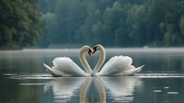 Two elegant swans forming a heart shape over a lake