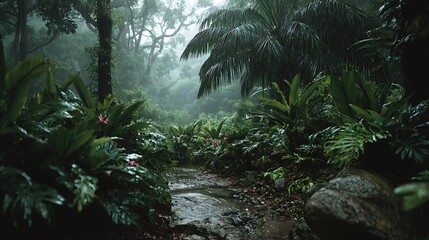 Naklejka premium Lush, rain-soaked jungle path