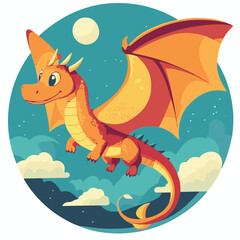 Cartoon Dragon Flying Under Moonlight Fantasy Animal Illustration With Clouds And Stars For Childrens Book