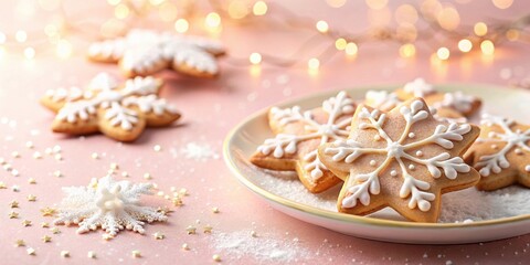 Delectable Snowflake-Shaped Gingerbread Cookies Decorated with Icing and Sprinkled with Powdered Sugar on a Pink Surface with Festive Lights
