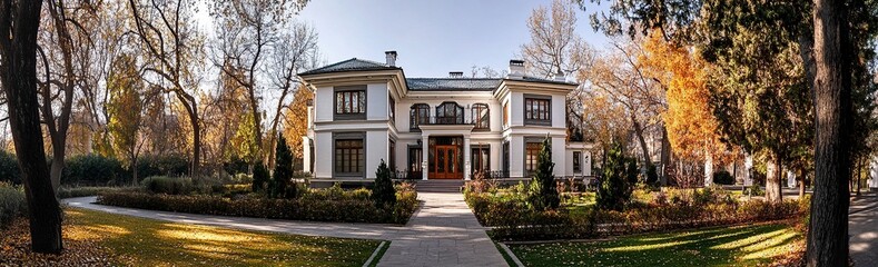 Fototapeta premium Beautiful two-story house with a garden in the historical center of the city of L, white walls and a black roof, gray windows, a wooden front door, modern architecture,generative ai