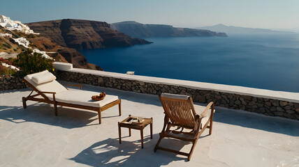 Two deck chairs at sea view , Santorini, Greece