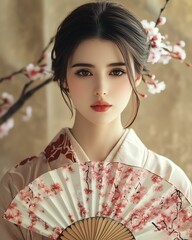 A serene portrait of a woman in traditional clothing holding a decorative fan.