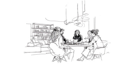 Obraz premium A group of people are sitting around a table in a room with a lot of books