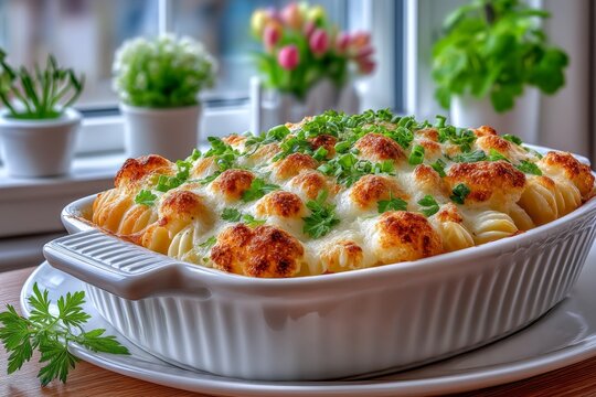 A casserole dish bubbling under the broiler inside a small apartment oven