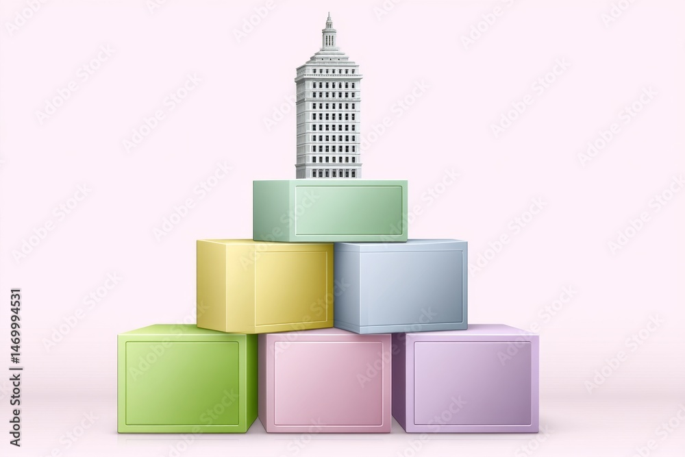 Poster a clean design of city blocks represented by abstract geometric shapes and one rising tower