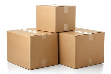 Three stacked brown cardboard boxes are sealed with clear tape on a white background.