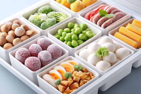 A close-up of frozen food items in a freezer drawer of a refrigerator