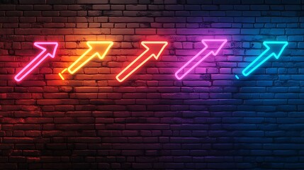 Colorful neon arrows pointing upward on a dark brick wall background showcasing growth and progress in modern style