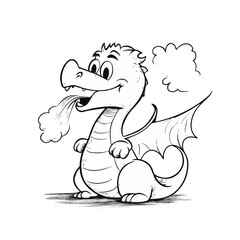 Cute Cartoon Dragon Illustration Sketch Style Black And White Fantasy Creature Design For Kids Coloring Pages