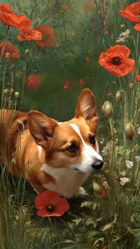 Corgi dog exploring a vibrant poppy field, sniffing colorful flowers with curiosity