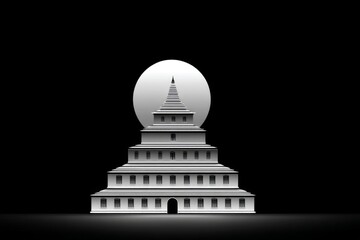 A flat vector of a pagoda with a sun setting behind it in monochrome tones
