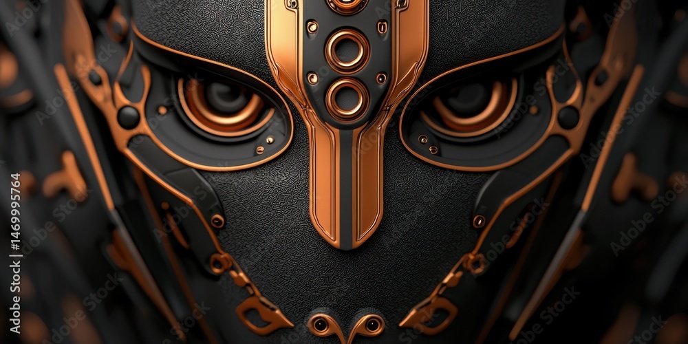 Aufkleber futuristic metallic mask with intricate copper and black details, featuring symmetrical patterns and