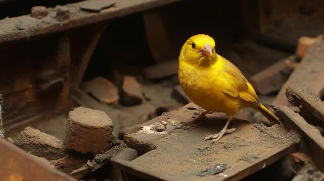 A vibrant yellow canary perched amid rustic debris, showcasing its beauty and resilience in an unconventional setting.