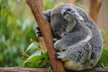 Naklejka premium Adorable Koala Bear Relaxing on a Tree Branch in a Lush Forest