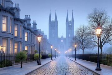 Obraz premium A gothic street lit by gas lamps with cobblestones and shadows cast from towering cathedral spires