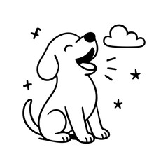 A dog sitting with head tilted up, mouth wide in a joyful howl, tail wagging, lines suggesting sound waves.”