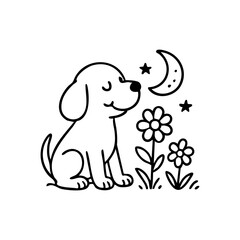 A dog gently sniffing a flower with eyes closed in bliss, surrounded by simple floral outlines and soft curves.