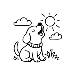 A dog sitting with head tilted up, mouth wide in a joyful howl, tail wagging, lines suggesting sound waves.”