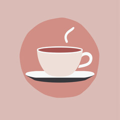 Obraz premium Minimalist flat vector illustration of steaming coffee cup on saucer with muted pink background and simple design