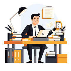 Fototapeta premium Businessman in suit working at desk with laptop and stacks of books and papers in modern office workspace illustration