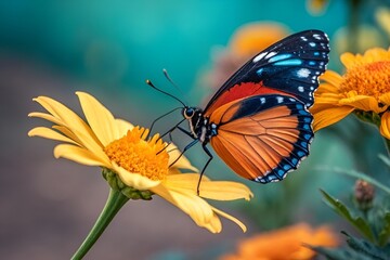 Fototapeta premium Colorful Butterfly on Yellow Flower with Teal Blurred Background