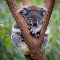Obraz premium Adorable Koala Bear Relaxing on a Tree Branch in a Lush Forest