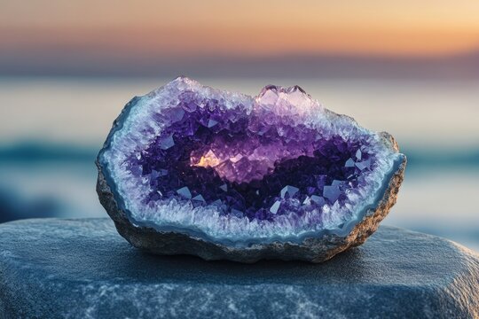 A mesmerizing amethyst geode, showcasing its vibrant purple crystals against a sunset backdrop.