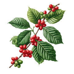 Stunning Coffee Plant Illustration with Vibrant Berries and Leaves , isolated on white background png