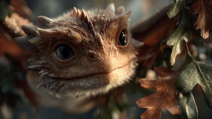 Obraz premium Adorable Baby Dragon Hiding Among Autumn Leaves: Fantasy Creature Closeup