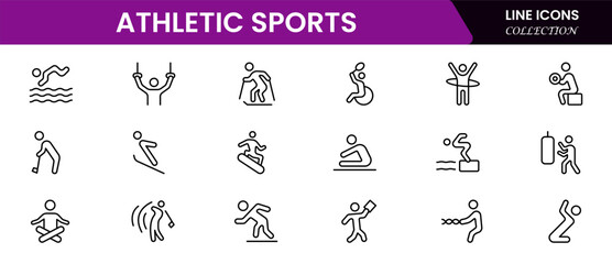 Athletic Sports Icons vector illustration with thin line editable stroke contain medal, football, basketball, cycling, athlete, racket, table tennis, sparing, cardio, gym, weight training, golf, 