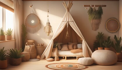 Obraz premium Ein Kinderzimmer im Boho-Stil mit Spielzelt, Kissen, Decken und Naturdeko.