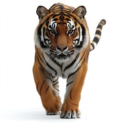 Obraz premium Majestic Bengal Tiger Walking Towards the Camera on White Background Wildlife Animal