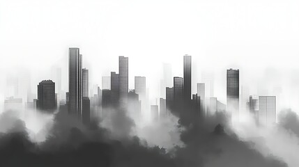 Fototapeta premium Abstract skyline buildings emerging from dense fog in monochromatic illustration