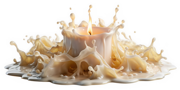 A mesmerizing scene of a lit candle surrounded by splashes of creamy liquid, creating an ethereal and dreamy atmosphere with warm tones.