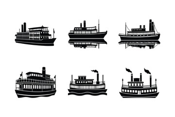 Steamboat silhouette  vector illustration, Set of Steamboat silhouette