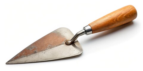 A well-worn triangular trowel with a wooden handle, showing signs of use and age, isolated on a bright white background