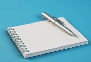 Silver pen on spiral notepad, blue backdrop close-up,  learning,  supplies