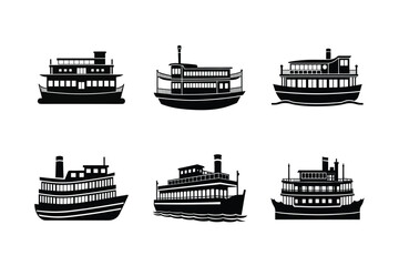 Obraz premium Steamboat silhouette vector illustration, Set of Steamboat silhouette